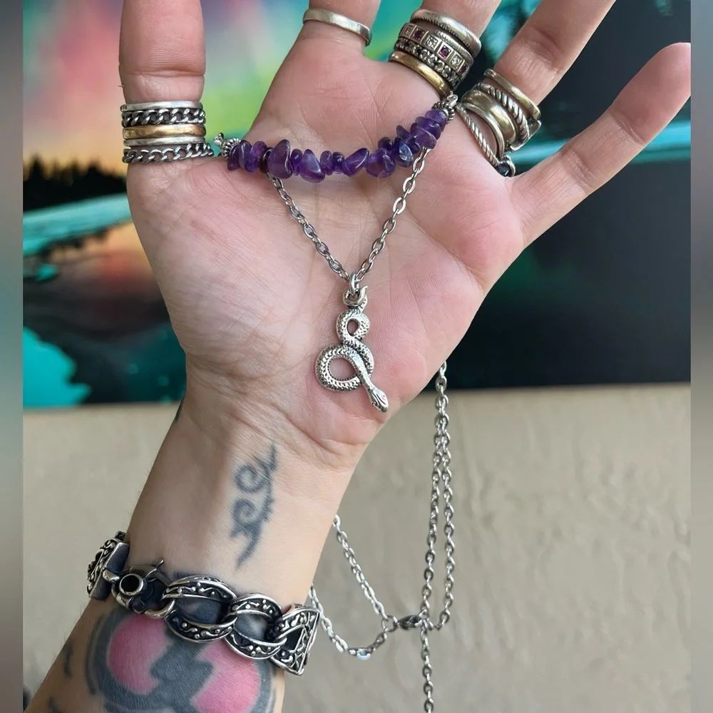 Set ! Amethyst double layer necklace snake + matching earrings boho goth celtic - Picture 9 of 11